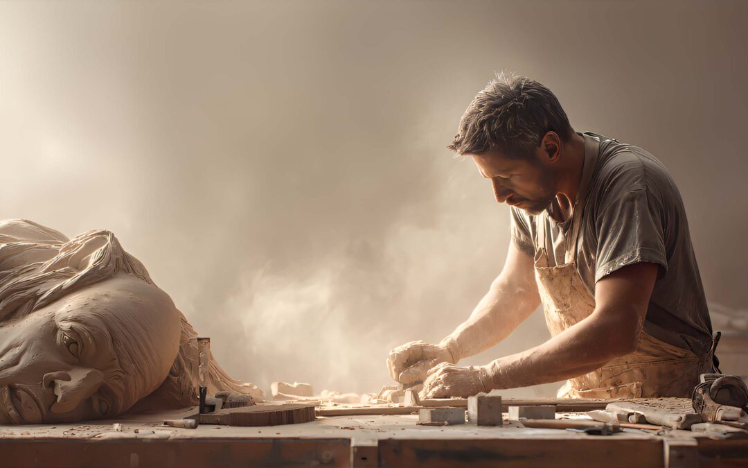 Artiste sculpteur travaillant une statue