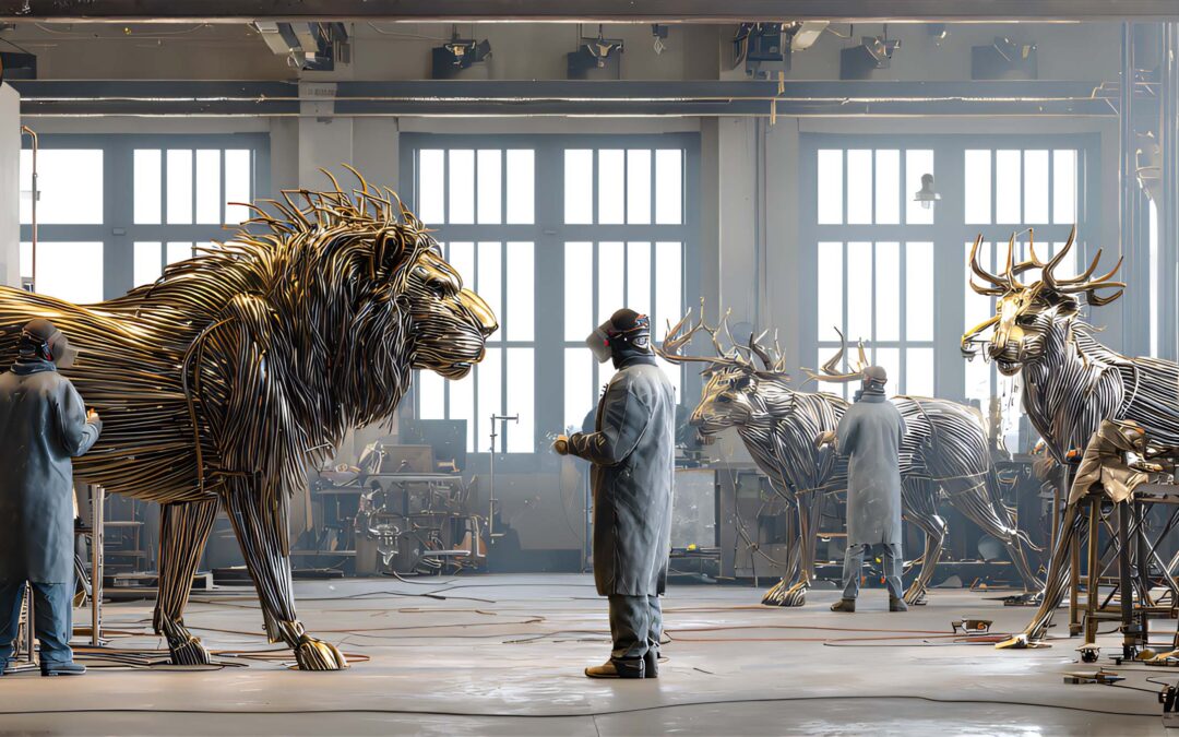 Fabricant sculpture en atelier industriel