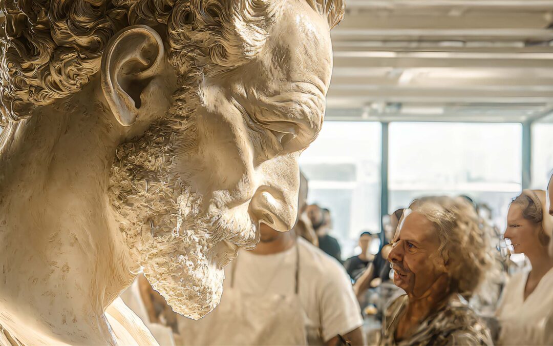 Artiste présentant sa sculpture en atelier