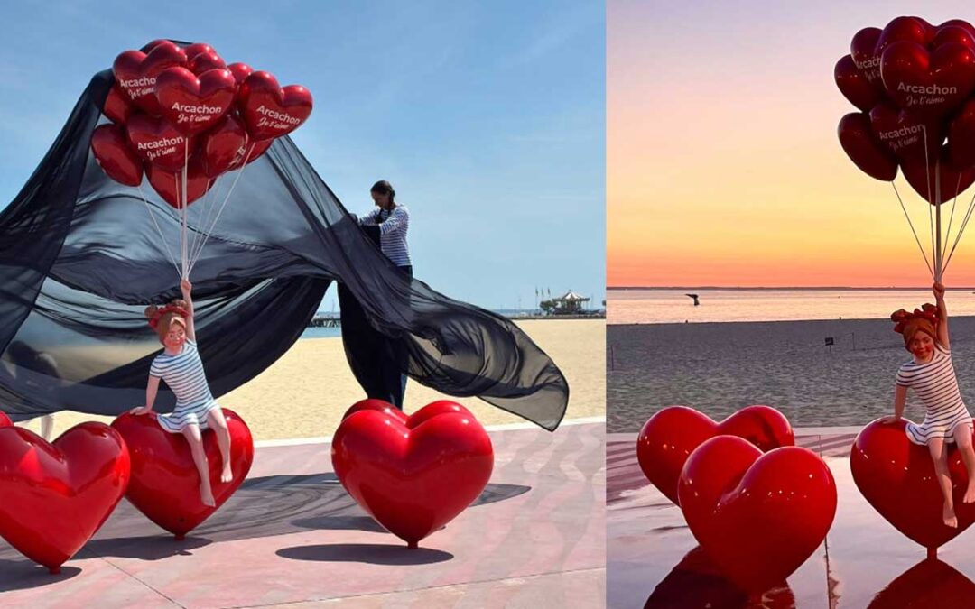 La Fillette Petite Fille aux ballons cœurs rouges Arcachon je t’aime