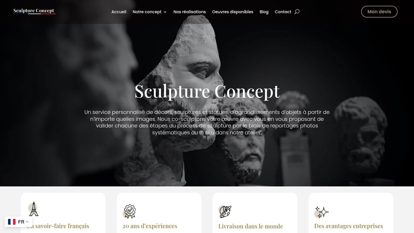 Sculpture grand format : prix, facteurs et guide 2026 Capture de la page d’accueil de Sculpture Concept