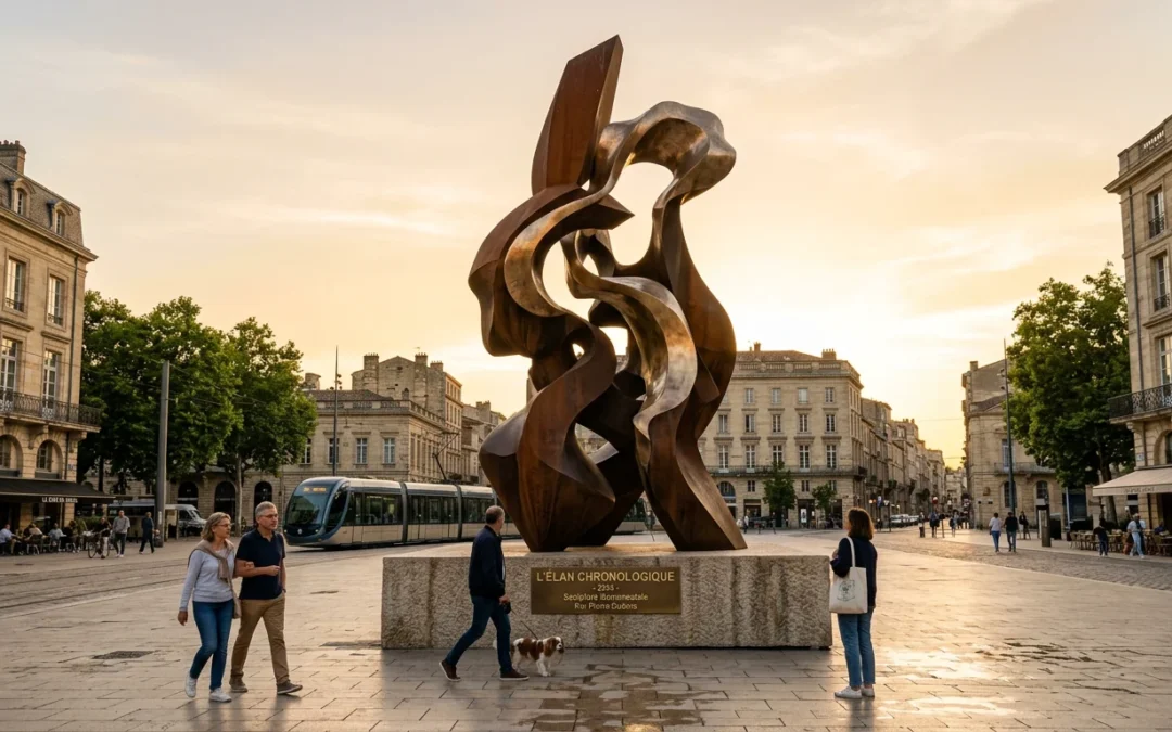 Sculpture monumentale contemporaine sur une place publique au coucher du soleil