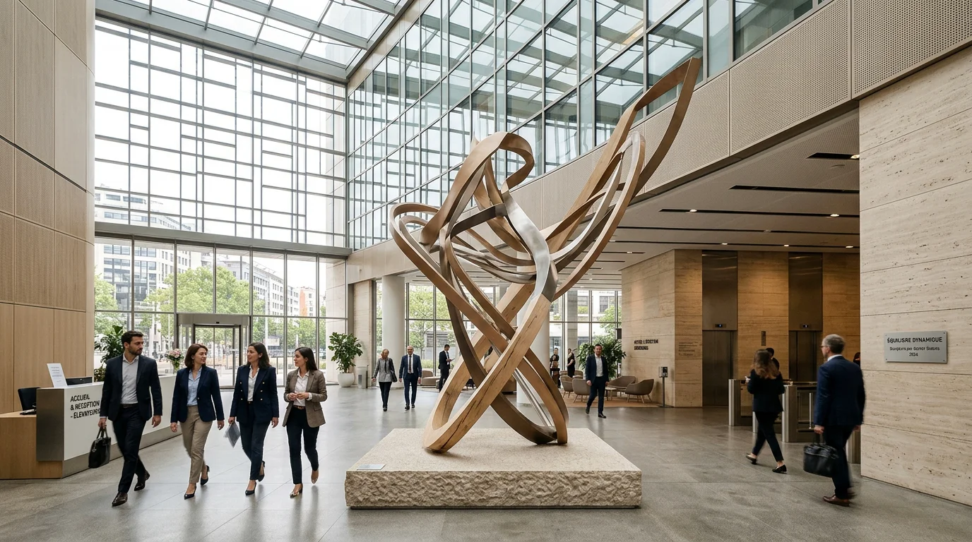 Sculpture monumentale design : guide et impact sur-mesure Sculpture monumentale contemporaine installée dans un hall d'entreprise moderne