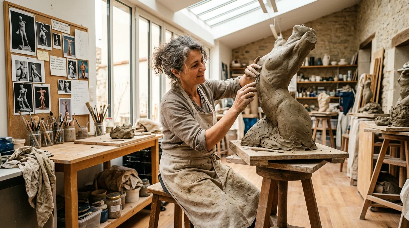 Sculpture monumentale design : guide et impact sur-mesure Sculpteur européen façonnant à la main une œuvre monumentale en atelier