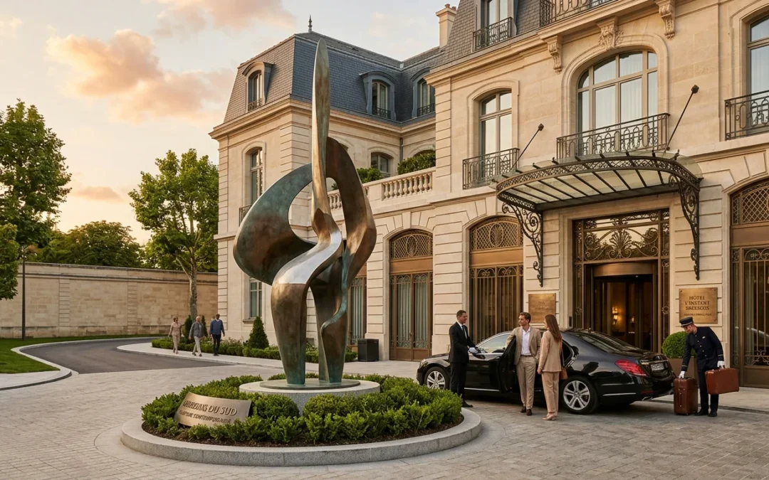 Entrée d'hôtel de luxe en France avec une sculpture monumentale contemporaine comme point focal