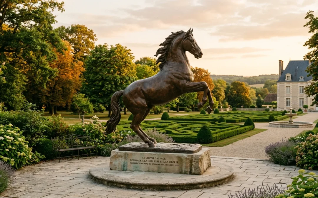 Grande sculpture en bronze d'un cheval dans un jardin au coucher du soleil
