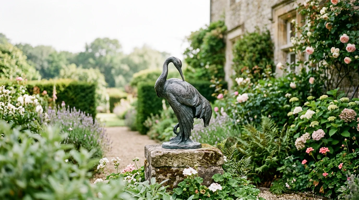 Sculpture en bronze extérieur : guide et conseils 2026 Sculpture en bronze d'un oiseau stylisé dans un jardin verdoyant