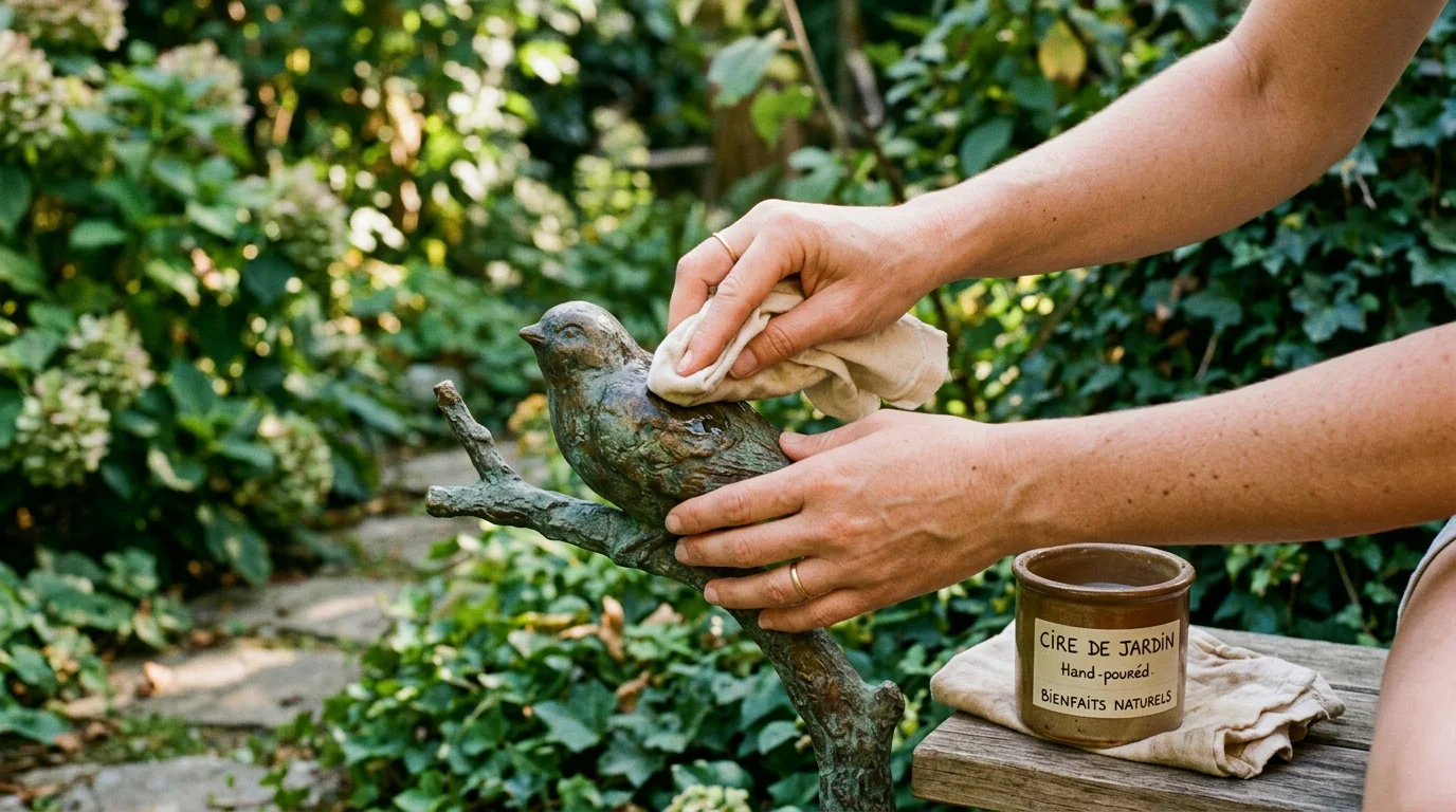Sculpture en bronze extérieur : guide et conseils 2026 Entretien d'une sculpture en bronze avec de la cire incolore dans un jardin