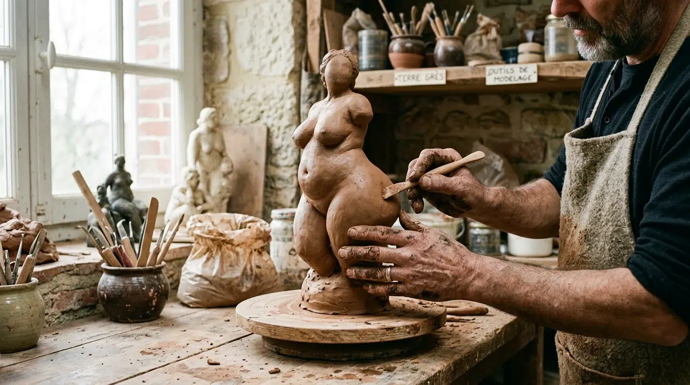 La sculpture de femmes rondes : histoire et art des courbes Artisan européen sculptant à la main une femme aux formes rondes dans son atelier