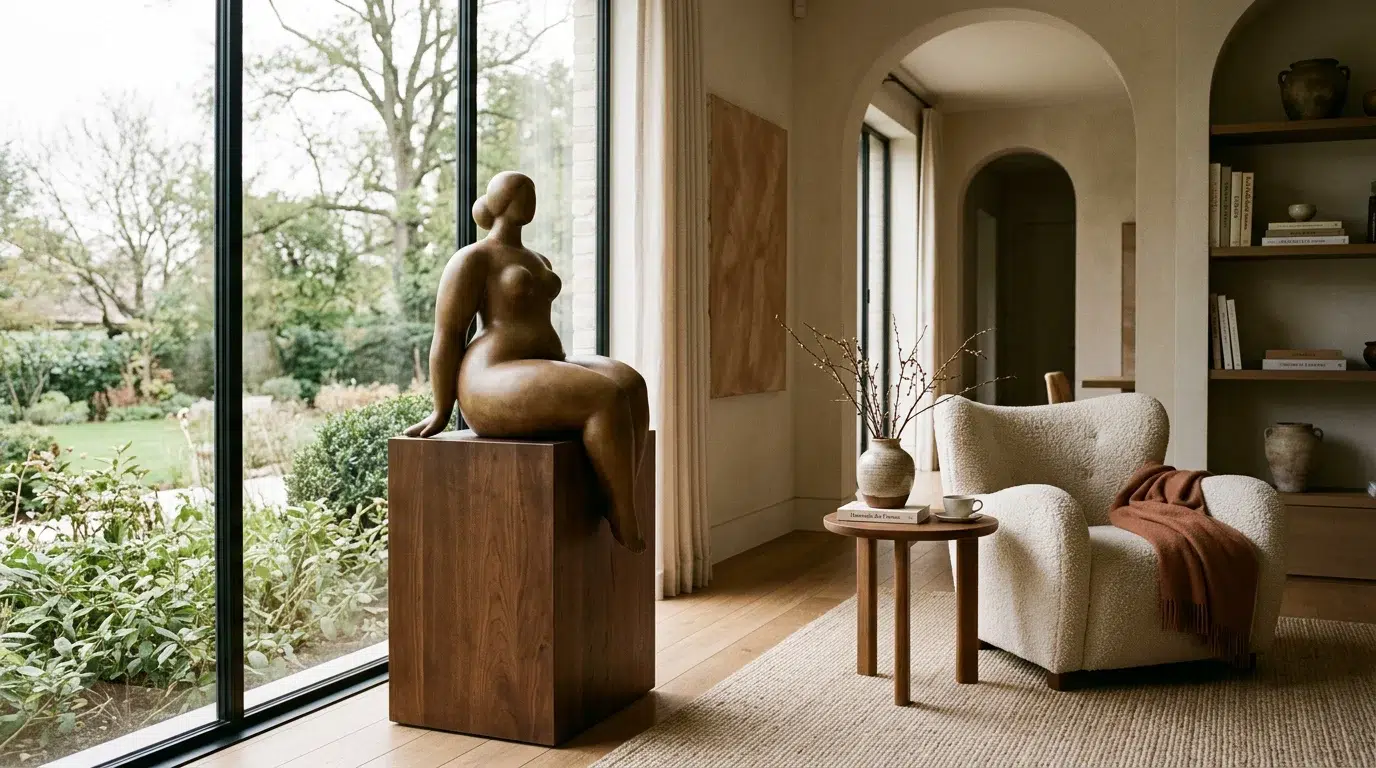 La sculpture de femmes rondes : histoire et art des courbes Sculpture de femme aux formes généreuses mise en valeur dans un intérieur haut de gamme