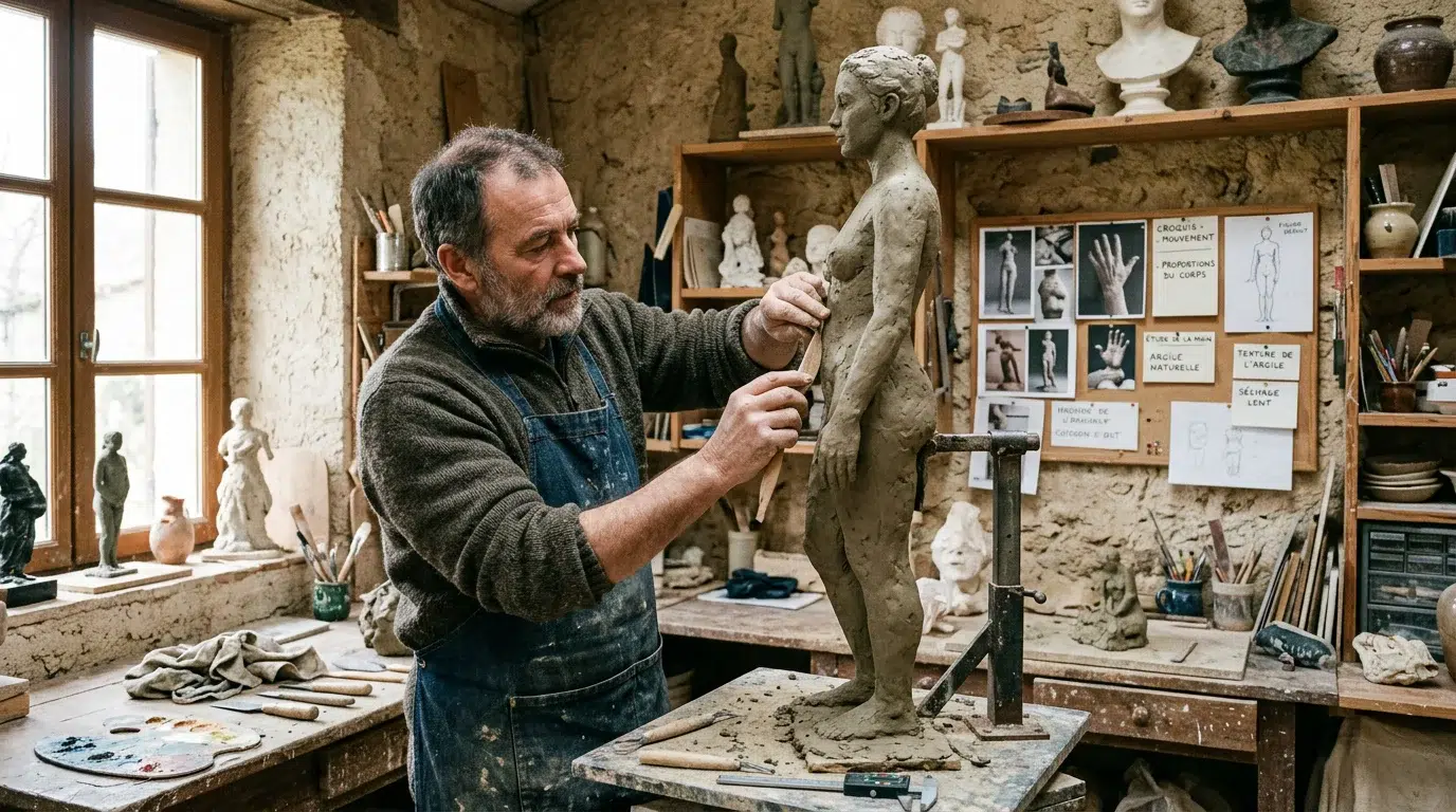 Sculpture monumentale : matériaux, prix et tendances 2026 Sculpteur européen façonnant à la main un grand modèle en argile en atelier