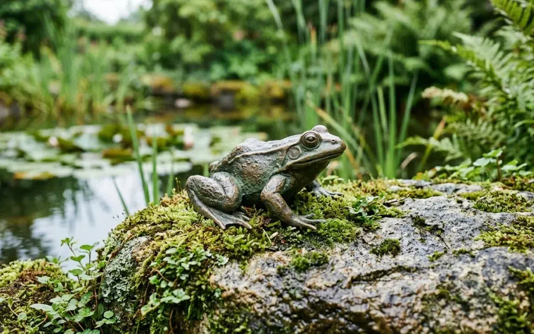Sculpture de grenouille en bronze posée sur une pierre près d'un bassin de jardin