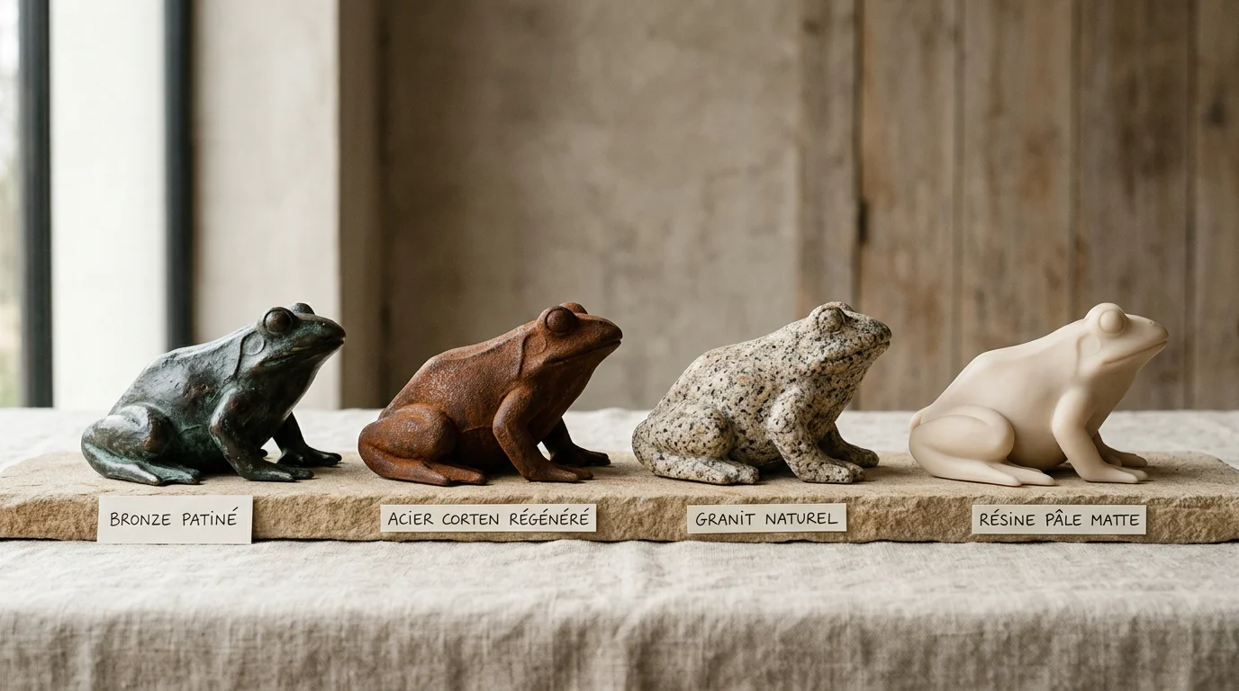 Sculpture grenouille : matériaux, styles et sur-mesure Quatre sculptures de grenouille dans différents matériaux alignées sur fond neutre