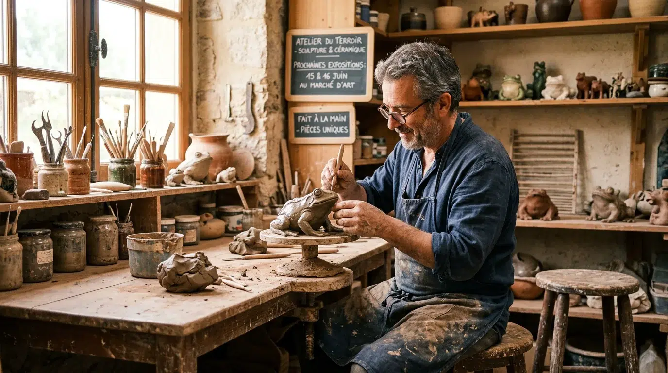 Sculpture grenouille : matériaux, styles et sur-mesure Sculpteur européen façonnant à la main une grenouille en argile dans un atelier