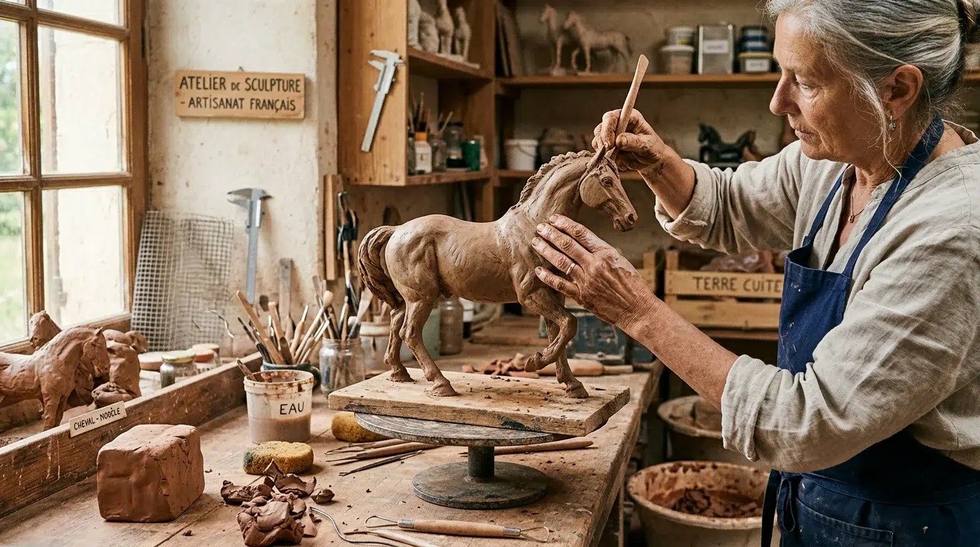 Sculpture bronze sur mesure : guide complet pour votre projet Sculpteur européen modelant un maître-modèle en argile dans son atelier