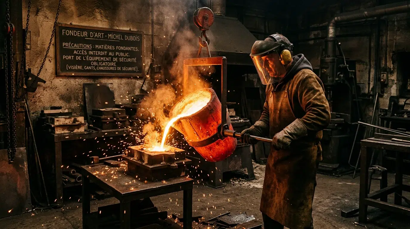 Sculpture bronze sur mesure : guide complet pour votre projet Coulée du bronze en fusion dans un moule réfractaire à la fonderie