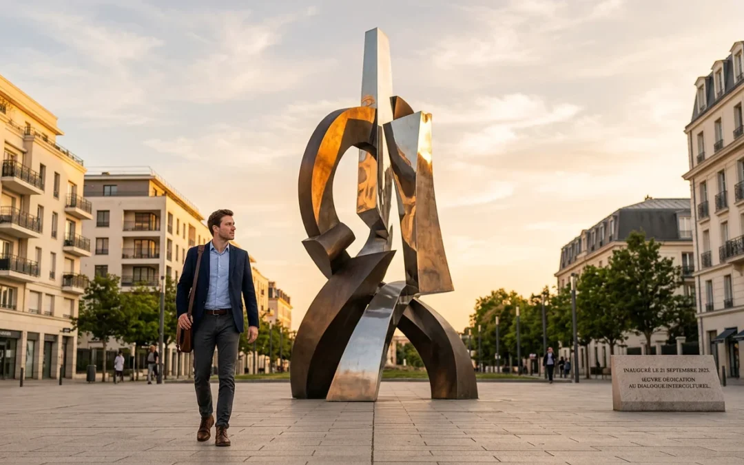 Sculpture contemporaine monumentale installée sur une place publique au coucher du soleil