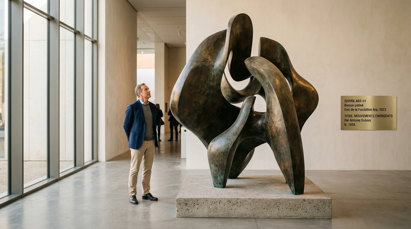 Sculpture grand format : prix, facteurs et guide 2026 Sculpture monumentale en bronze exposée dans une galerie avec un visiteur pour l'échelle