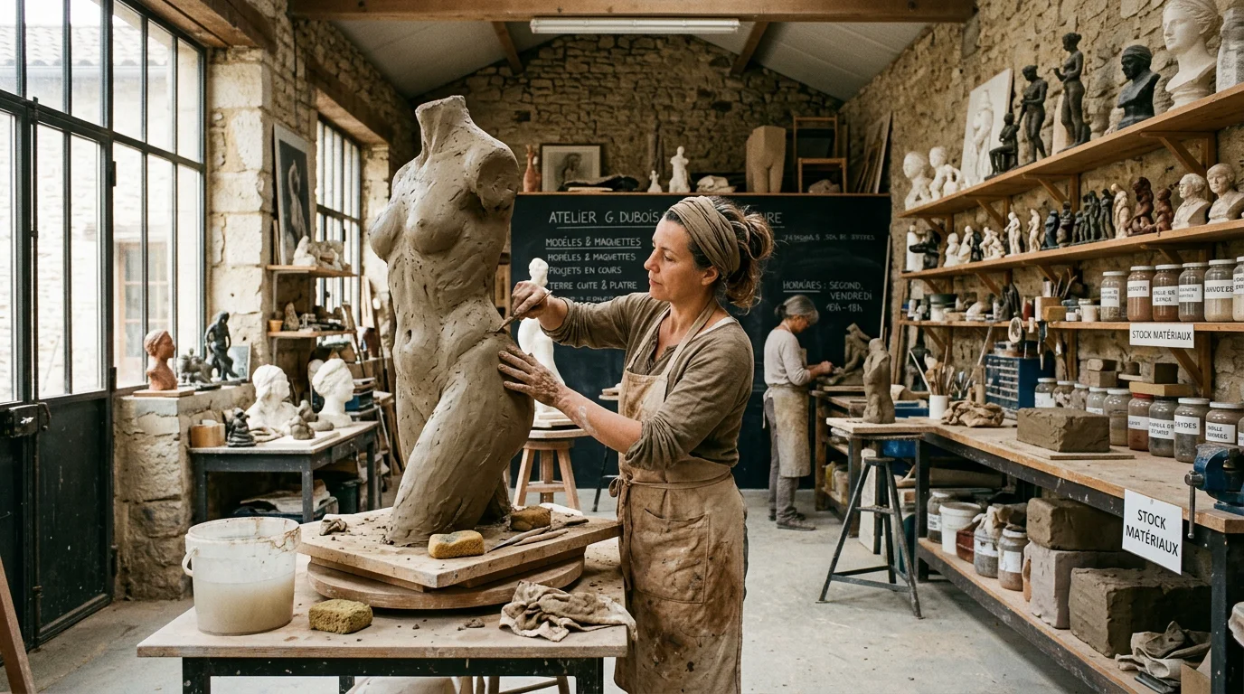 Sculpture grand format : prix, facteurs et guide 2026 Sculpteur européen façonnant à la main une grande œuvre en atelier