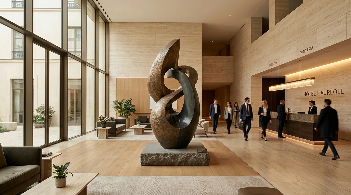 Sculpture pour architecte design : l'art sur mesure en 2026 Sculpture contemporaine comme point focal dans un hall d'hôtel design