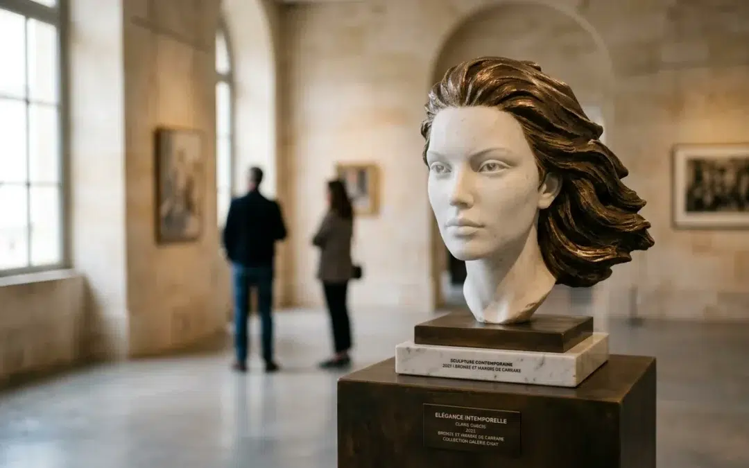 Sculpture d'un visage de femme en bronze et marbre dans une galerie raffinée