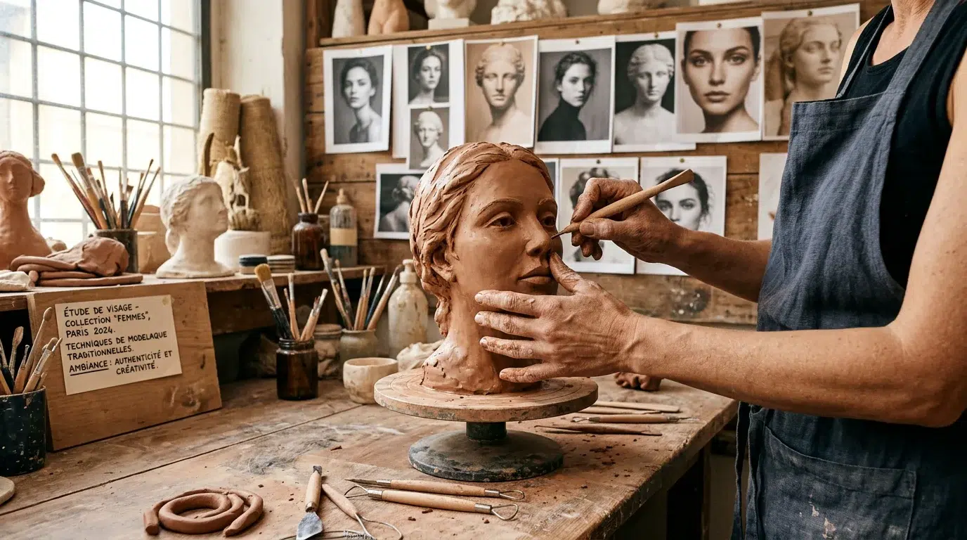 Sculpture visage de femme : l'art du portrait sur-mesure Sculpteur façonnant à la main un visage de femme en argile en atelier