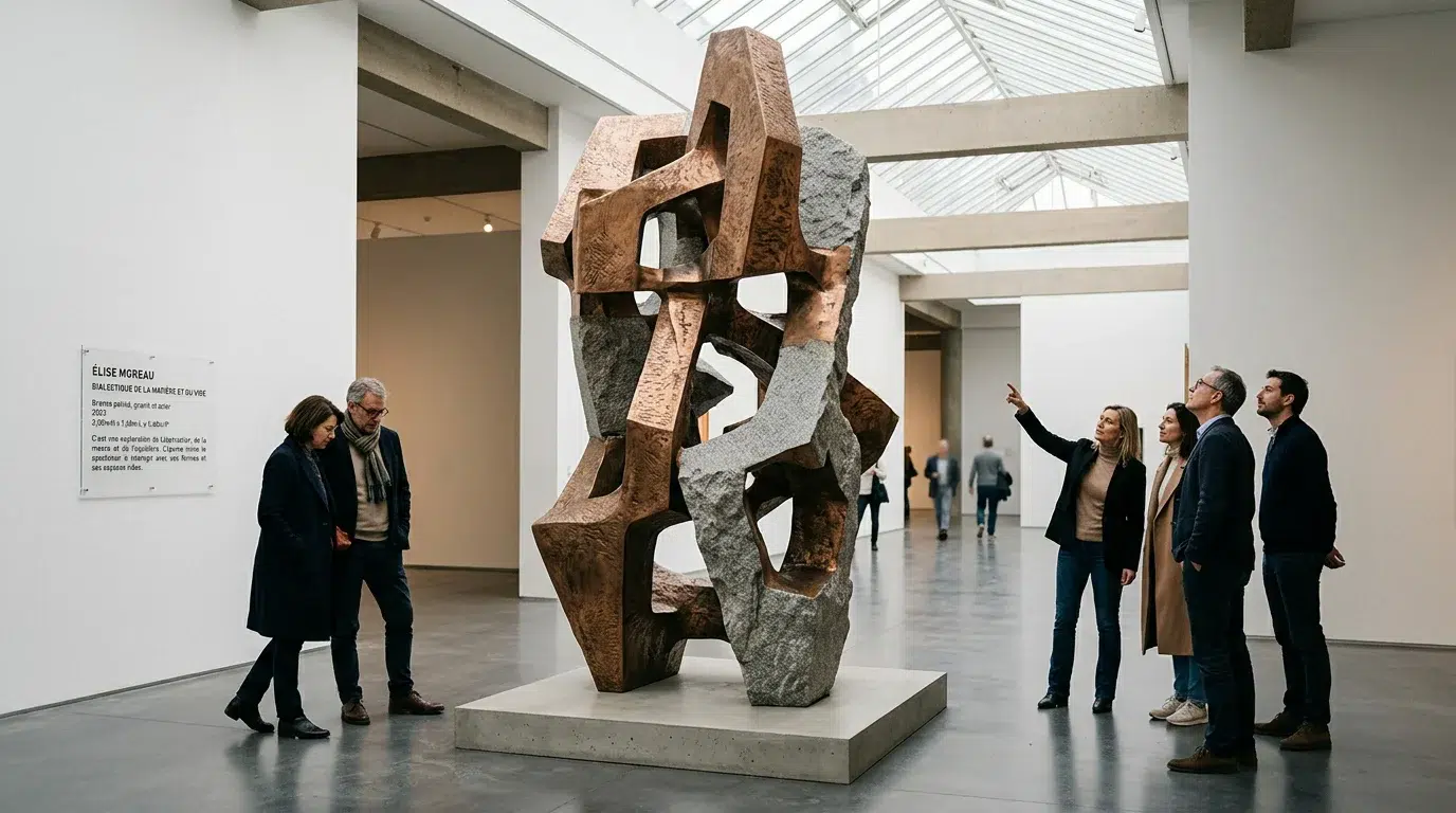 Sculpture grand format : matériaux, prix et sur-mesure Grande sculpture contemporaine exposée dans une galerie moderne avec visiteurs