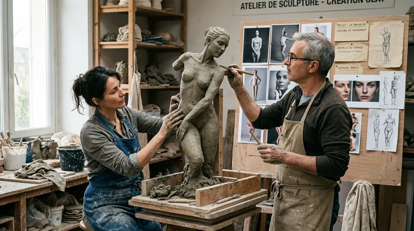 Sculpture grand format : matériaux, prix et sur-mesure Artisans sculptant une grande pièce à la main dans un atelier à partir de photos de référence