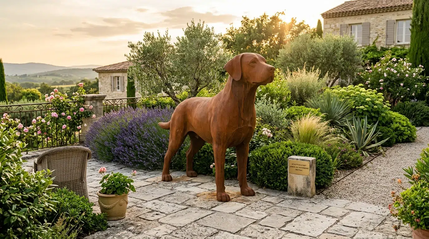 Sculpture chien : bien choisir sa statue déco sur-mesure Grande sculpture de chien format XXL installée sur une terrasse de jardin