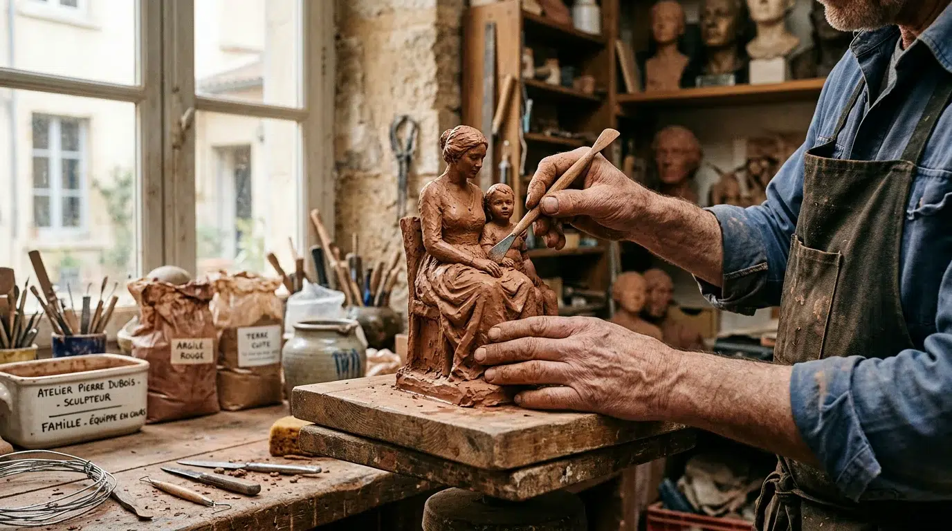 Sculpture en bronze de famille : le guide complet 2026 Sculpteur européen modelant une maquette de groupe familial en atelier