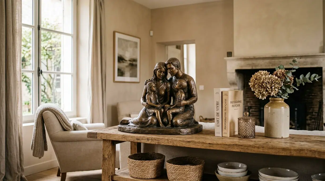 Sculpture en bronze de famille : le guide complet 2026 Sculpture de famille en bronze exposée sur une étagère dans un intérieur élégant