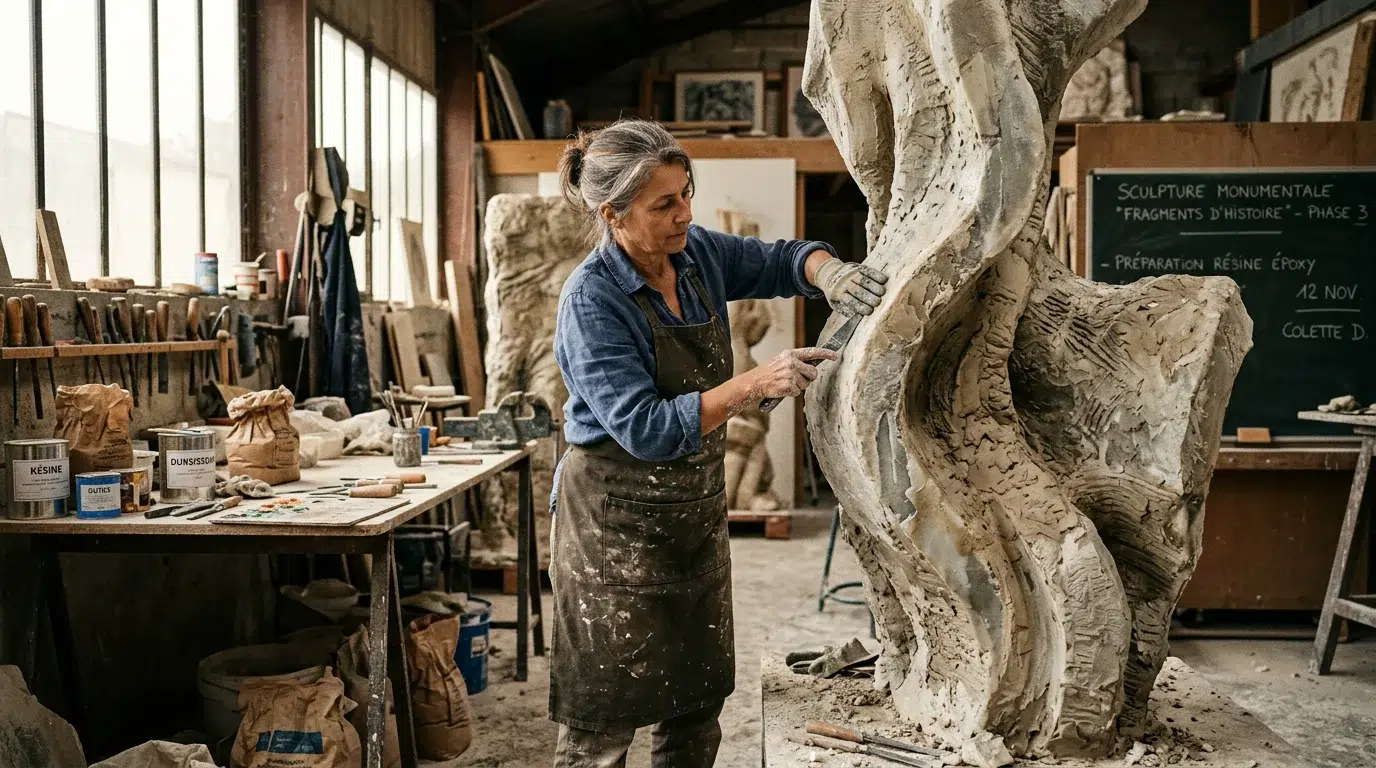 Sculpture géante : guide complet du sur-mesure XXL 2026 Sculpteur européen façonnant à la main une sculpture monumentale en atelier