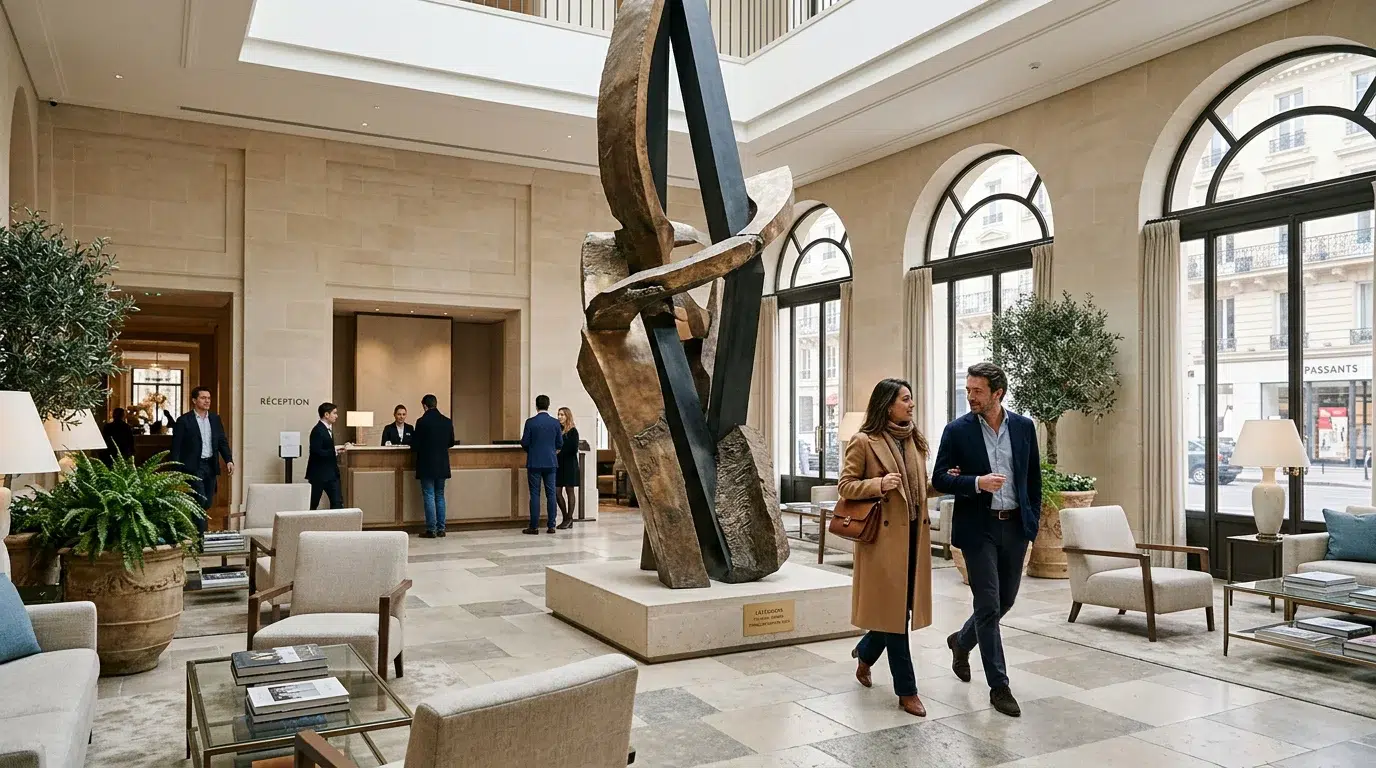 Sculpture géante : guide complet du sur-mesure XXL 2026 Sculpture monumentale installée comme point focal dans un hall d'hôtel élégant