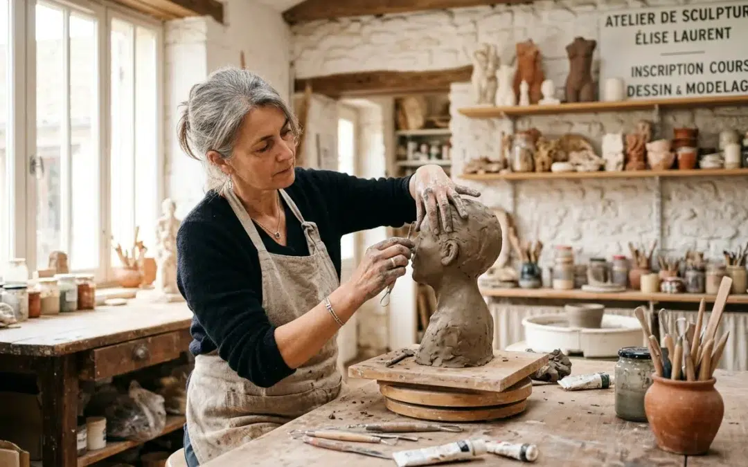 Sculptrice européenne façonnant un buste en argile dans un atelier lumineux