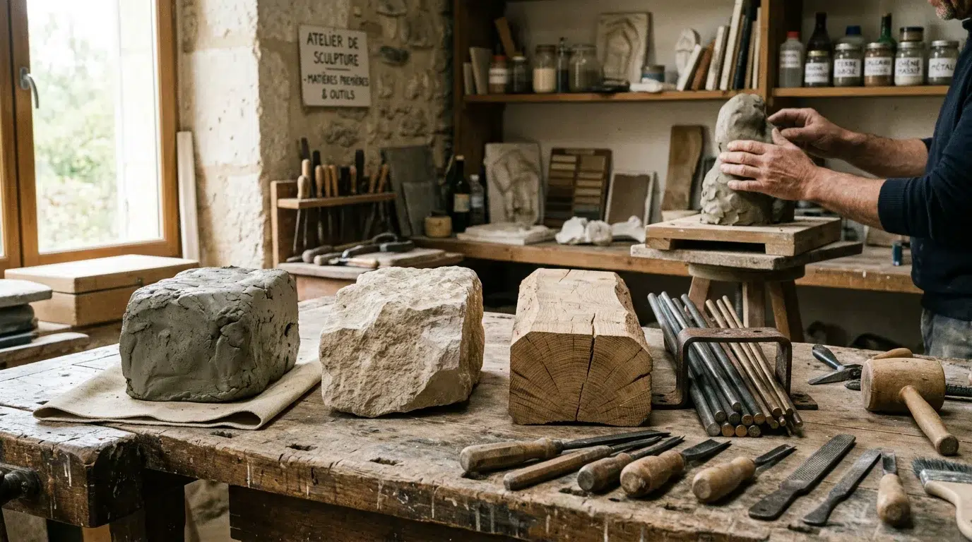 Comment faire une sculpture : guide complet des étapes Différents matériaux de sculpture posés sur un établi : argile, pierre, bois et tiges métalliques