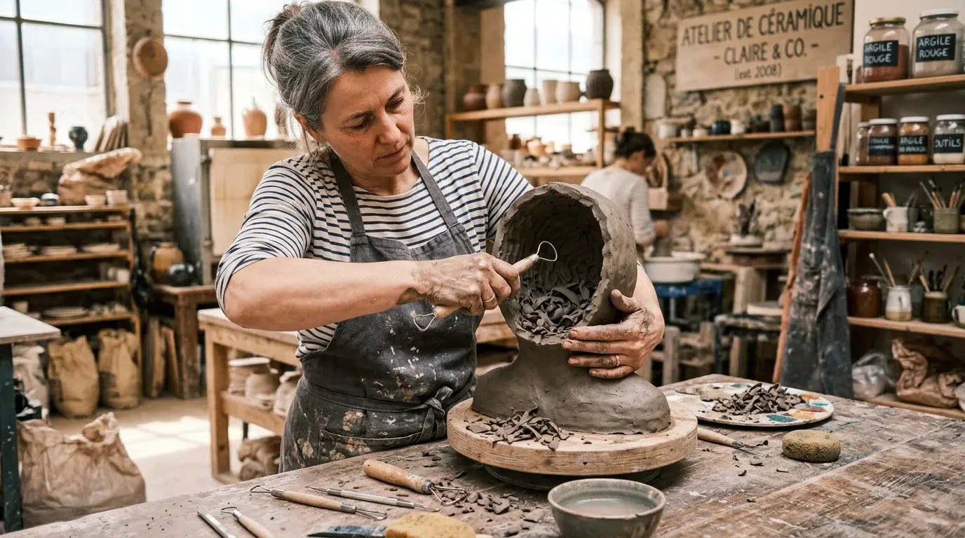 Comment faire une sculpture : guide complet des étapes Sculpteur européen évidant un buste en argile avec un outil à boucle dans un atelier lumineux