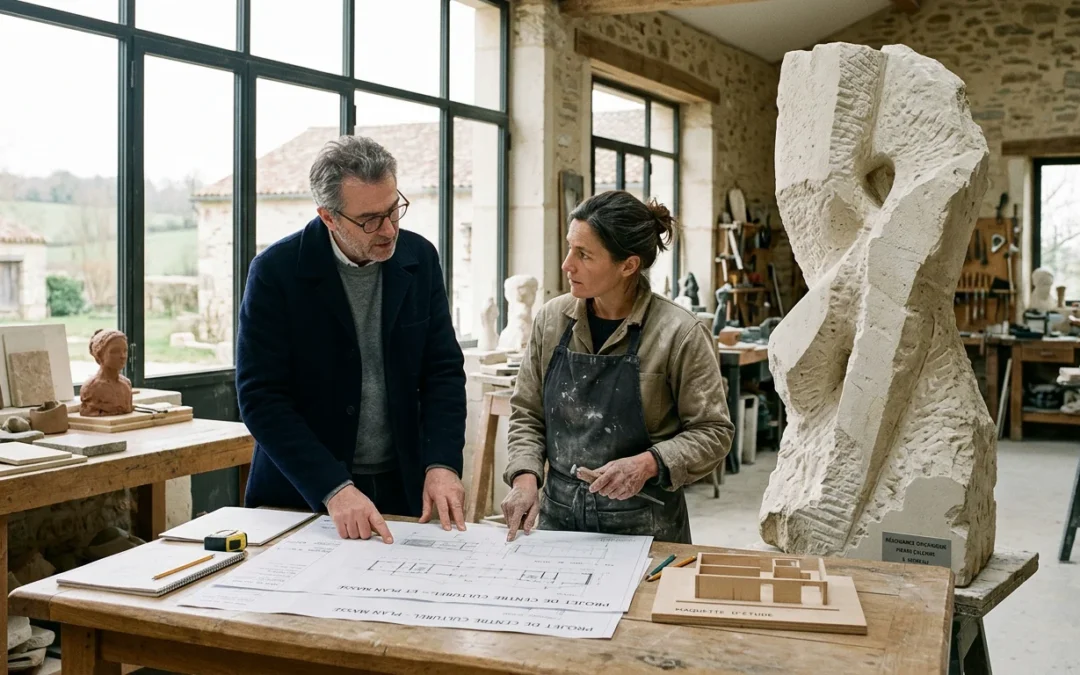 Architecte et sculpteur collaborant sur une sculpture sur-mesure à Dijon