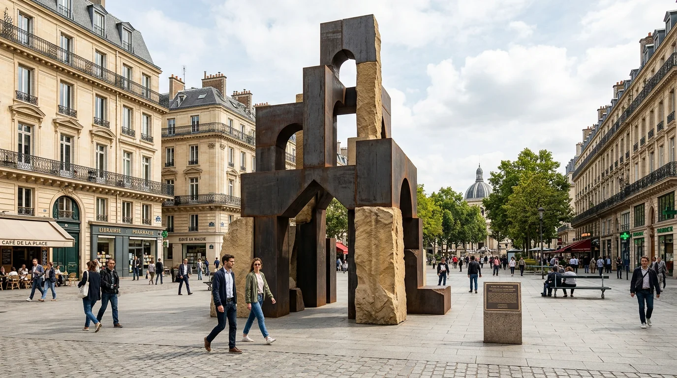 Sculpture pour architecte à Dijon : le guide complet 2026 Sculpture monumentale contemporaine sur une place urbaine