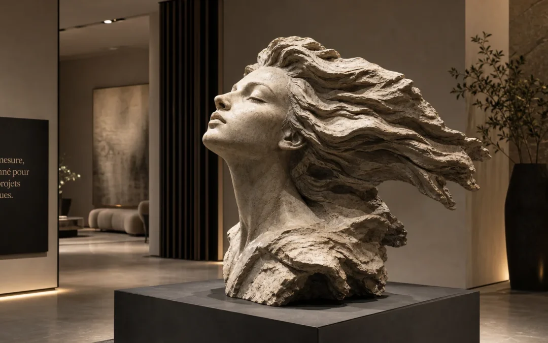 Sculpture design sur mesure mise en valeur dans un espace contemporain