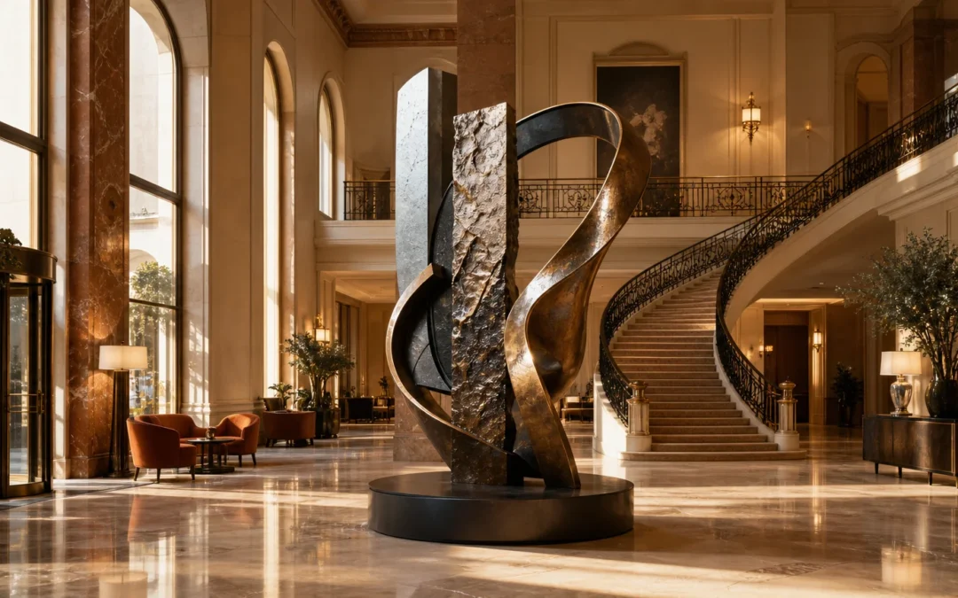 Sculpture contemporaine monumentale dans le hall d'un hôtel de luxe