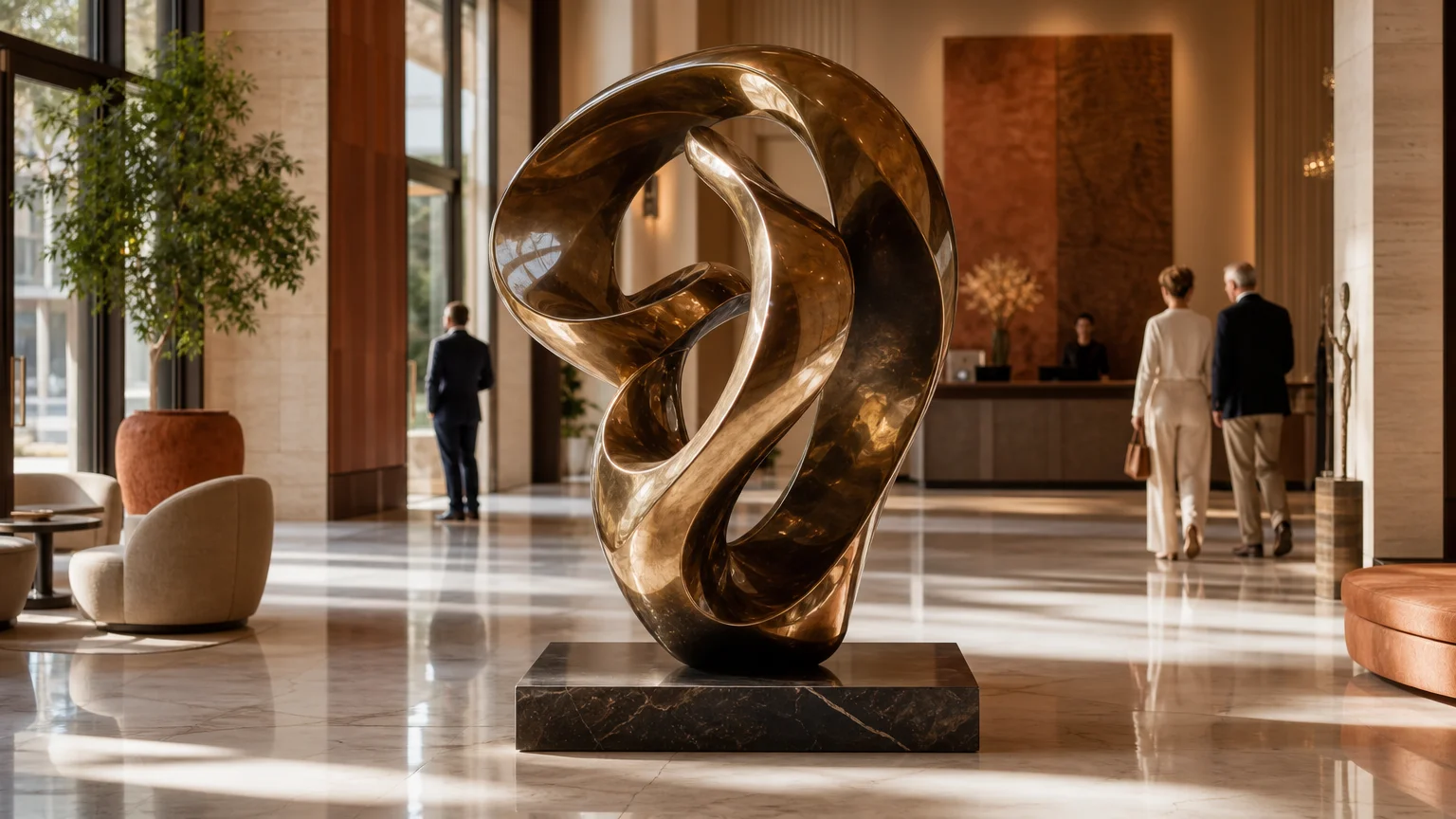 Sculpture pour hôtel intérieur : le guide expert 2026 Hall d'hôtel de luxe avec une sculpture contemporaine en bronze comme point focal