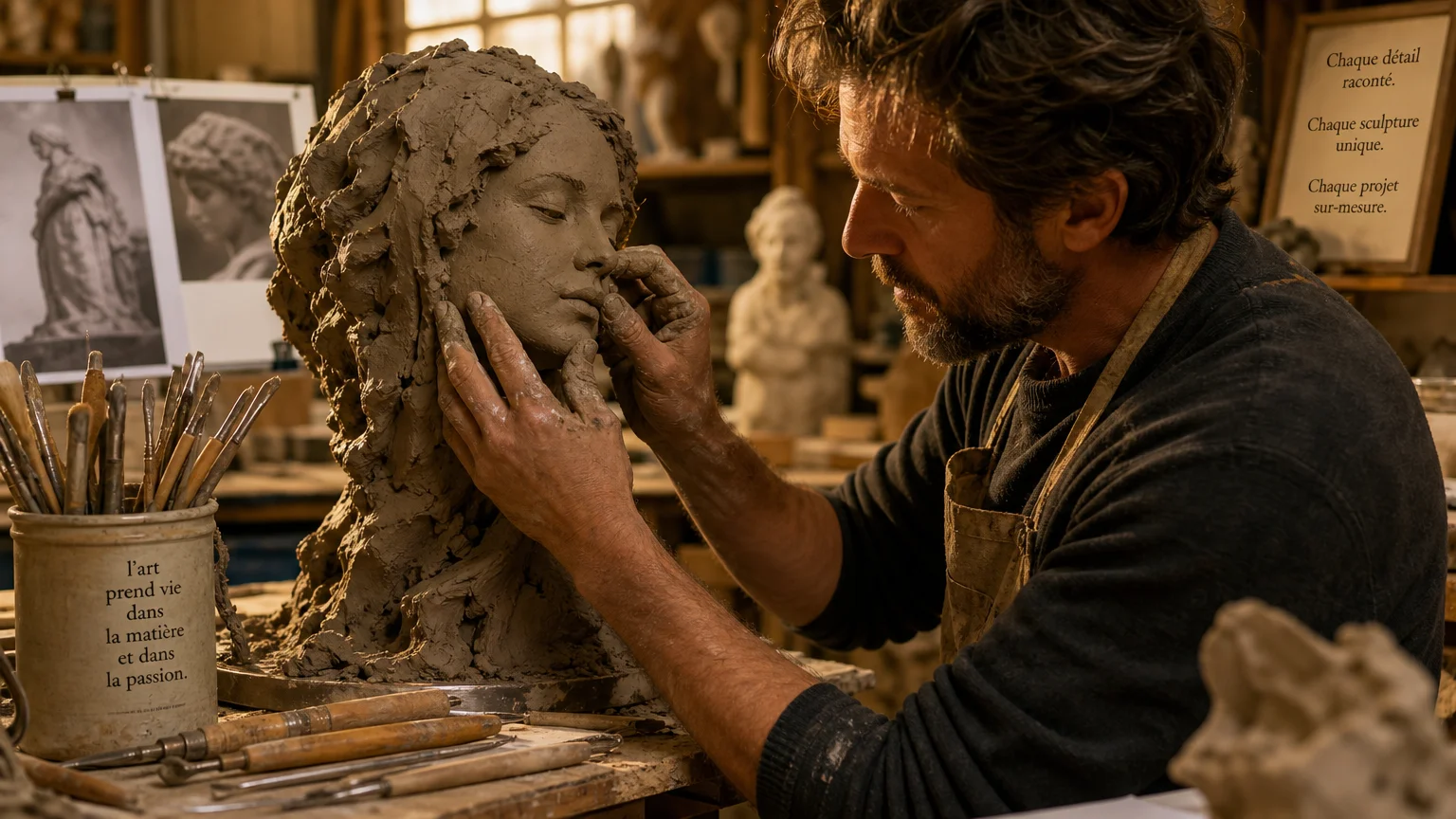 Sculpture pour hôtel intérieur : le guide expert 2026 Artisan sculpteur européen modelant une œuvre en argile dans son atelier