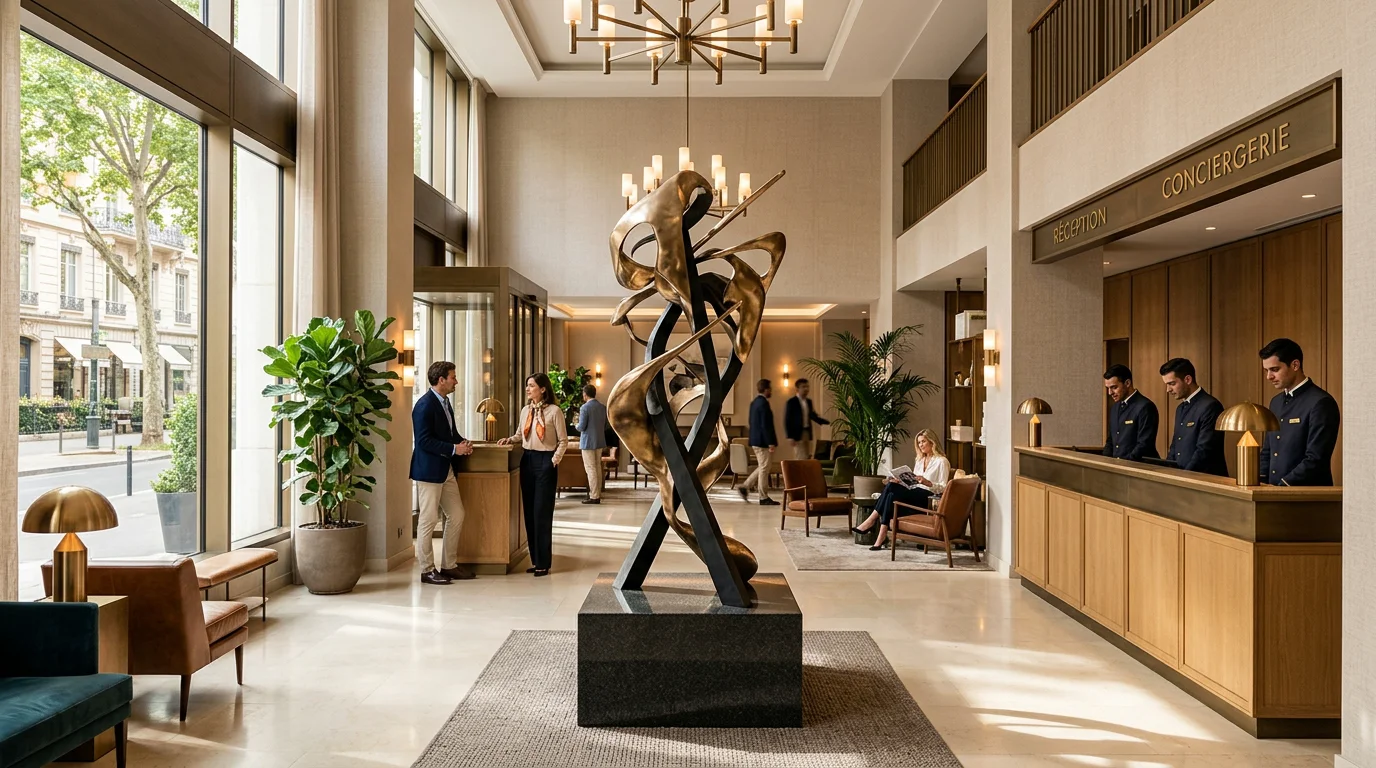 Sculpture pour hôtel en France : guide et tendances 2026 Hall d'hôtel contemporain avec une sculpture abstraite grand format comme pièce maîtresse