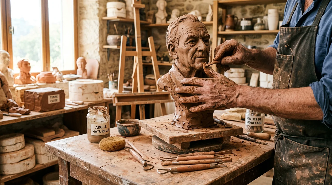 Sculpture pour hôtel en France : guide et tendances 2026 Sculpteur européen façonnant une œuvre à la main dans un atelier artisanal