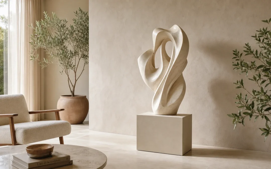 Sculpture contemporaine en résine dans un intérieur élégant