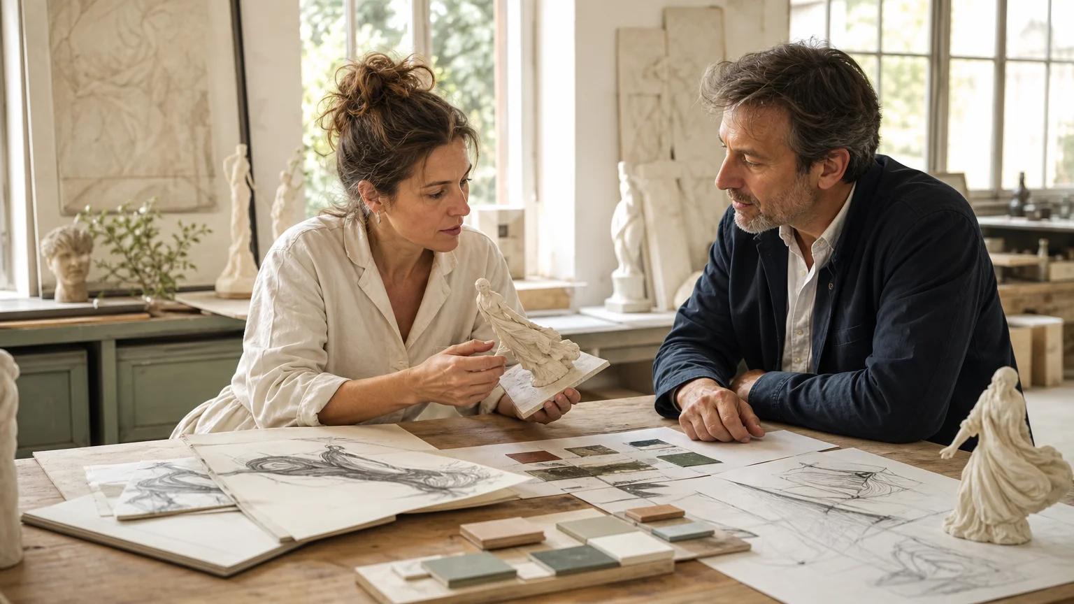 Sculpture en résine pour intérieur : guide déco et choix Artisane et client vérifiant une maquette de sculpture en résine dans un atelier