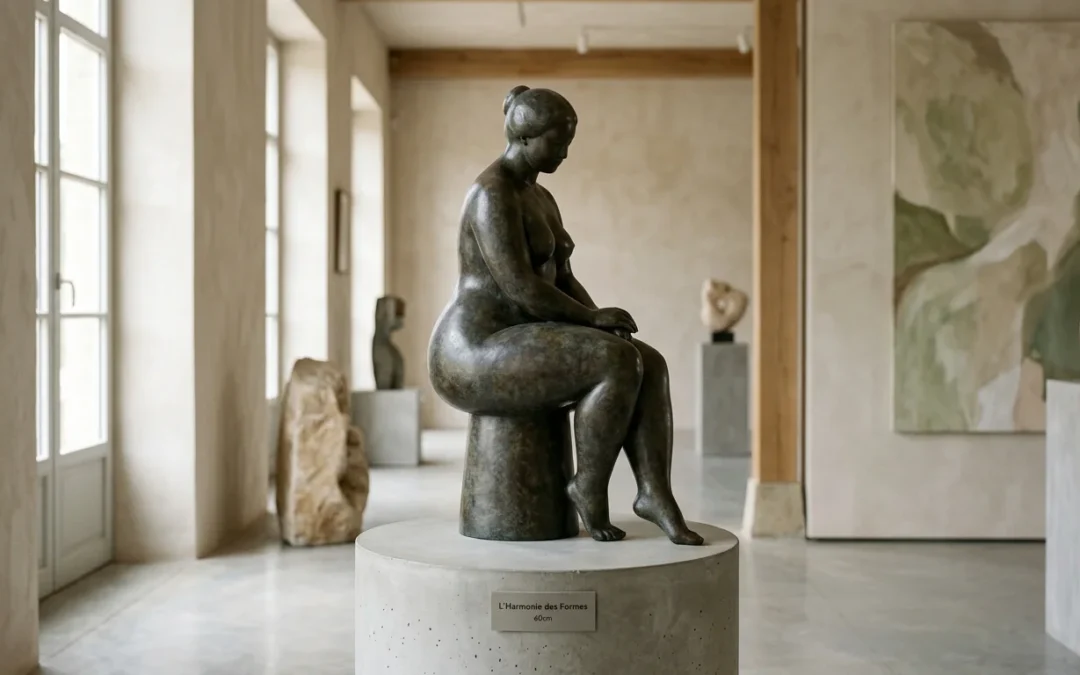Sculpture voluptueuse de femme aux formes rondes en bronze exposée dans une galerie