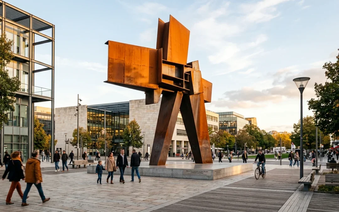 Sculpture monumentale en acier Corten sur une place publique urbaine au coucher du soleil