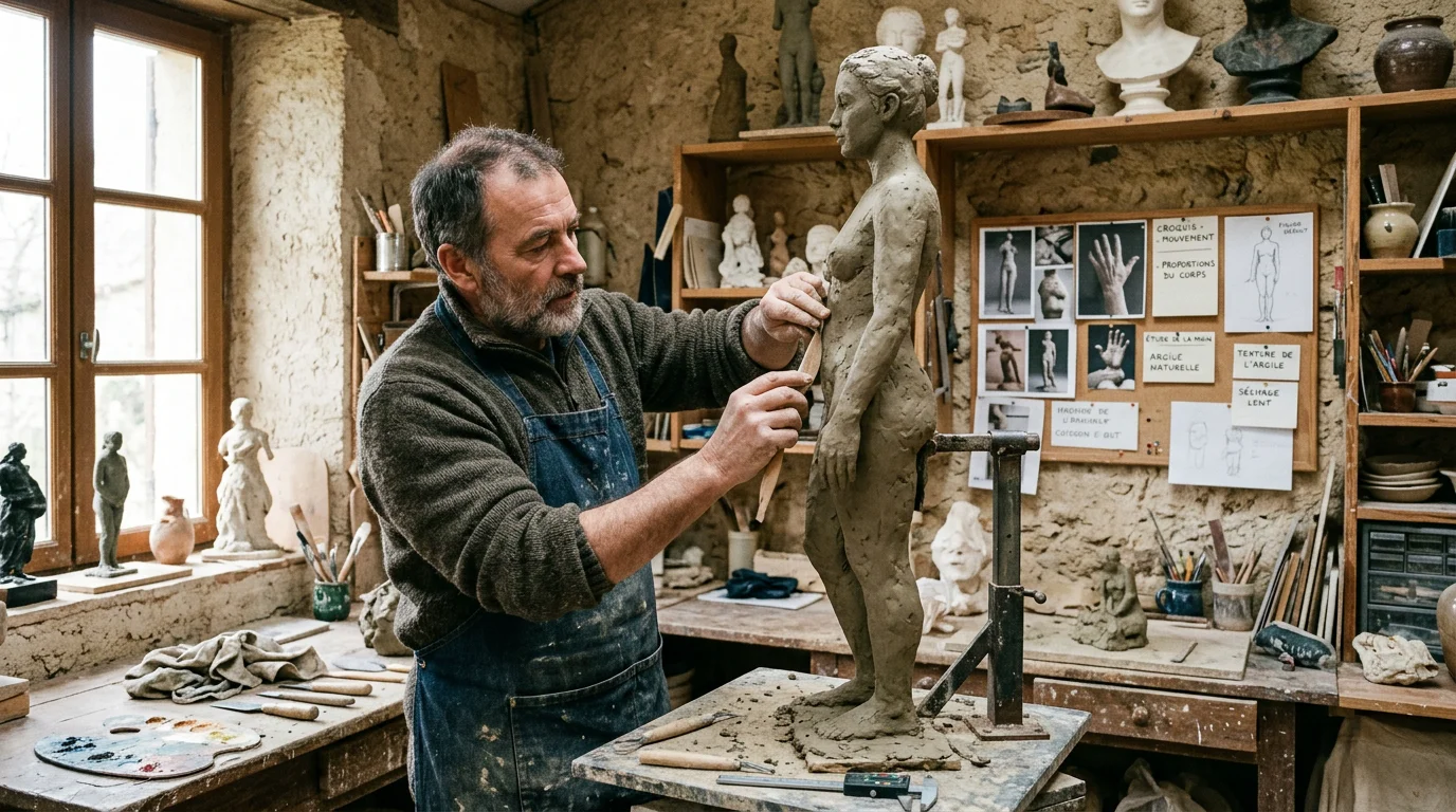 Sculpture monumentale : matériaux, prix et tendances 2026 Sculpteur européen façonnant à la main un grand modèle en argile en atelier