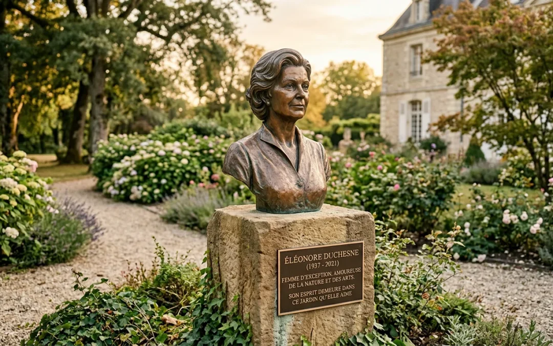 Buste en bronze personnalisé installé sur un socle dans un jardin
